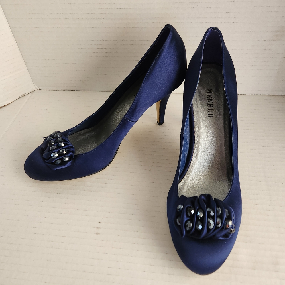 Menbur Navy Satin Heels with Embellishments